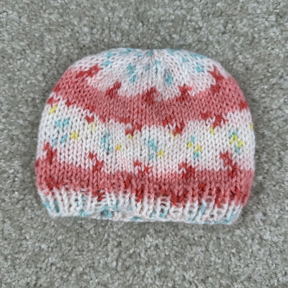 Handmade Baby Knit Beanie Hat Pink Pastel Fair Isle Soft Winter Cap Newborn